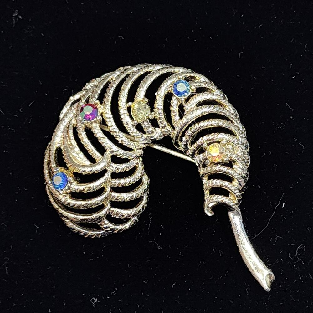 Feather Plume Aurora  Borealis Rhinestone Brooch Gold Tone C Hook Latch Vintage